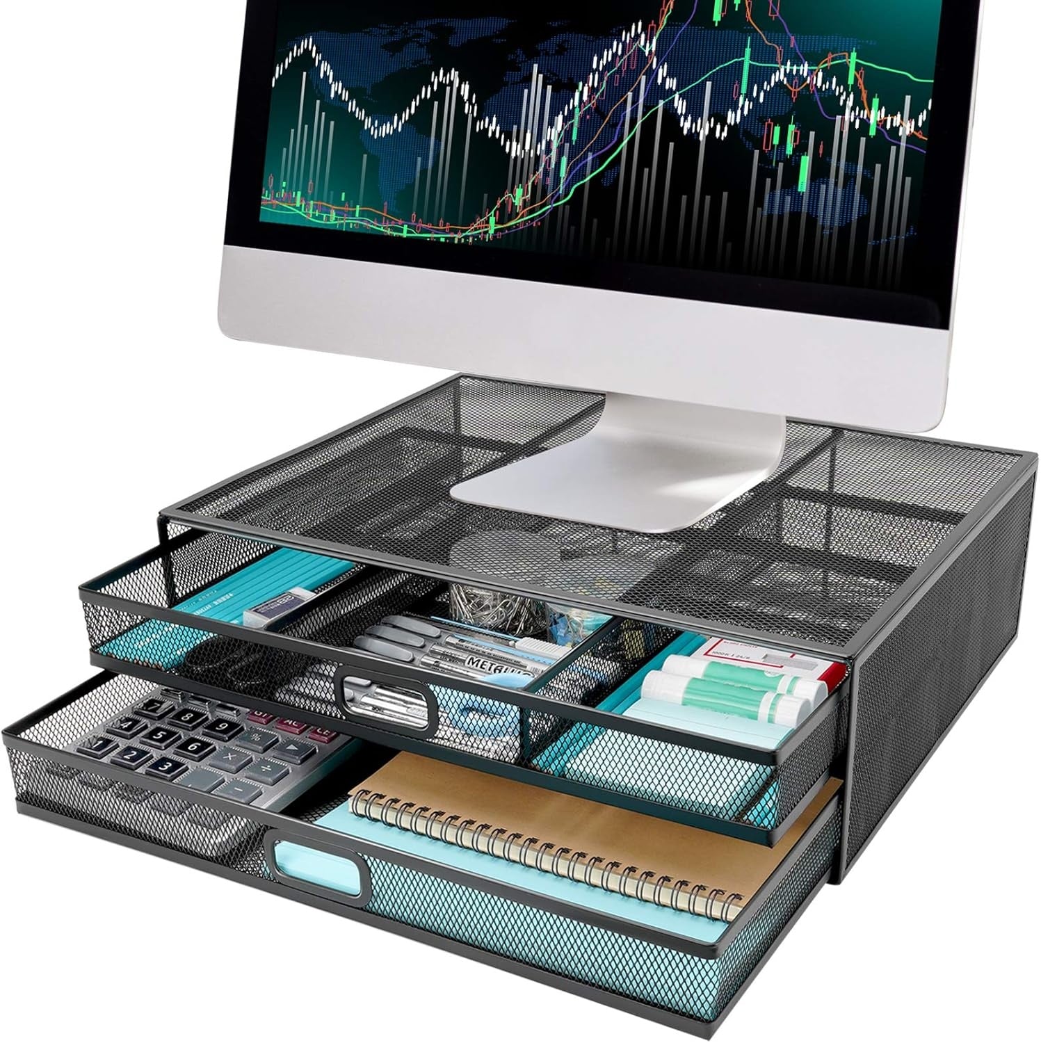 Monitor Stand Riser — Dual Pull-Out Storage Drawers