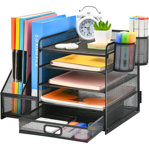 Desk Organizer with File Holder — 5-Tier with Drawer and Pen Holder