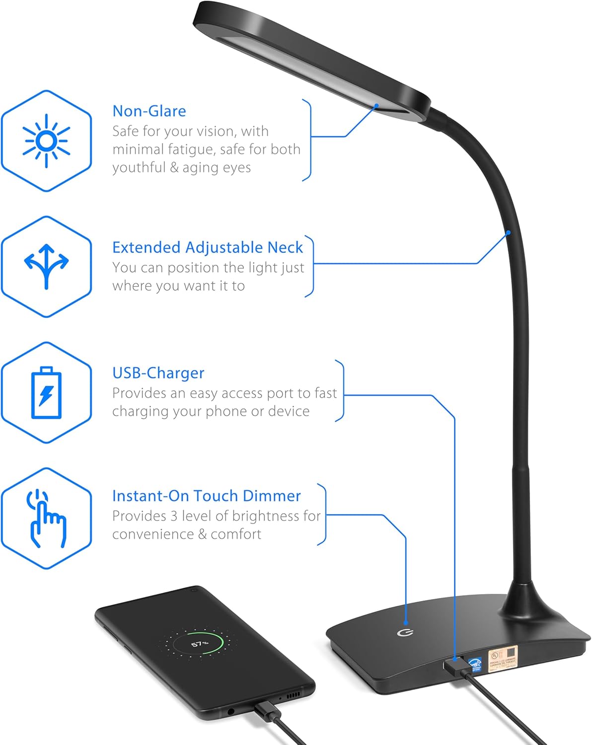 LED Desk Lamp — Gooseneck, USB Charging Port, Compact - Image 5