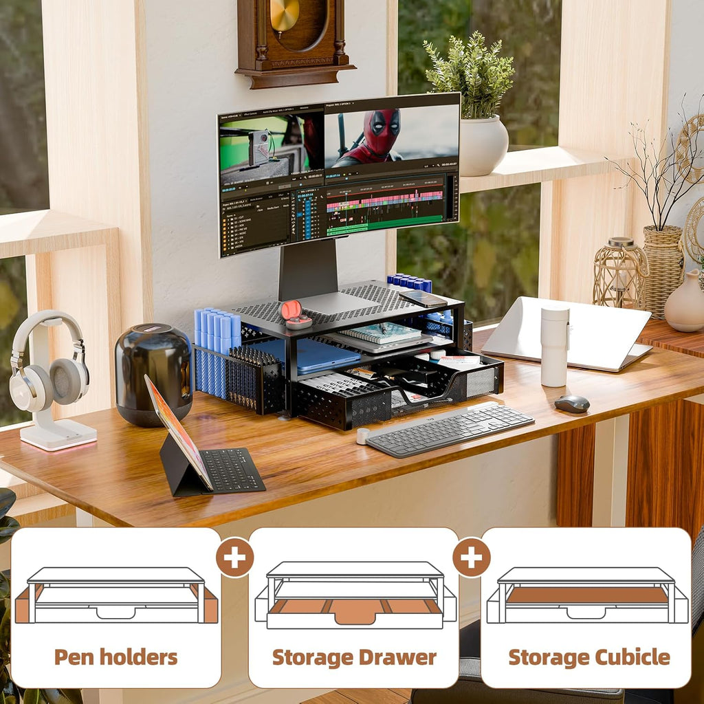 2-Tier Monitor Stand — Metal Mesh with Drawer and Pen Holder - Image 4