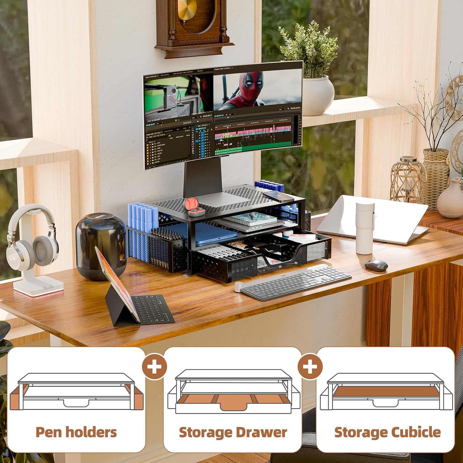 2-Tier Monitor Stand — Metal Mesh with Drawer and Pen Holder - Image 4