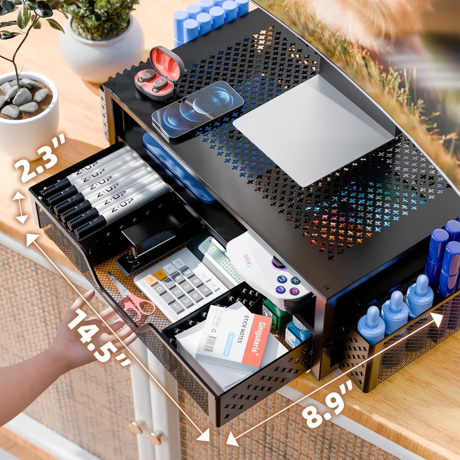 2-Tier Monitor Stand — Metal Mesh with Drawer and Pen Holder - Image 5