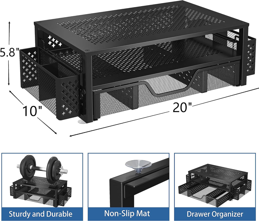 2-Tier Monitor Stand — Metal Mesh with Drawer and Pen Holder - Image 3