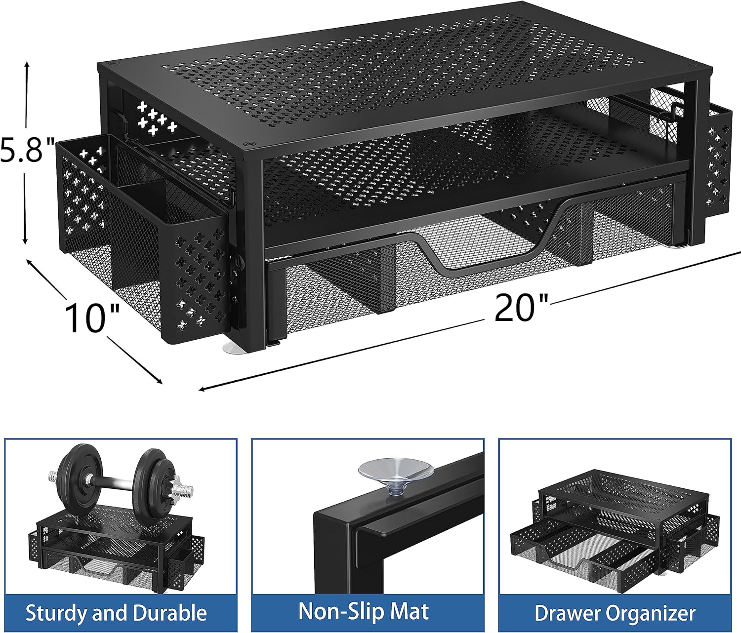 2-Tier Monitor Stand — Metal Mesh with Drawer and Pen Holder - Image 3