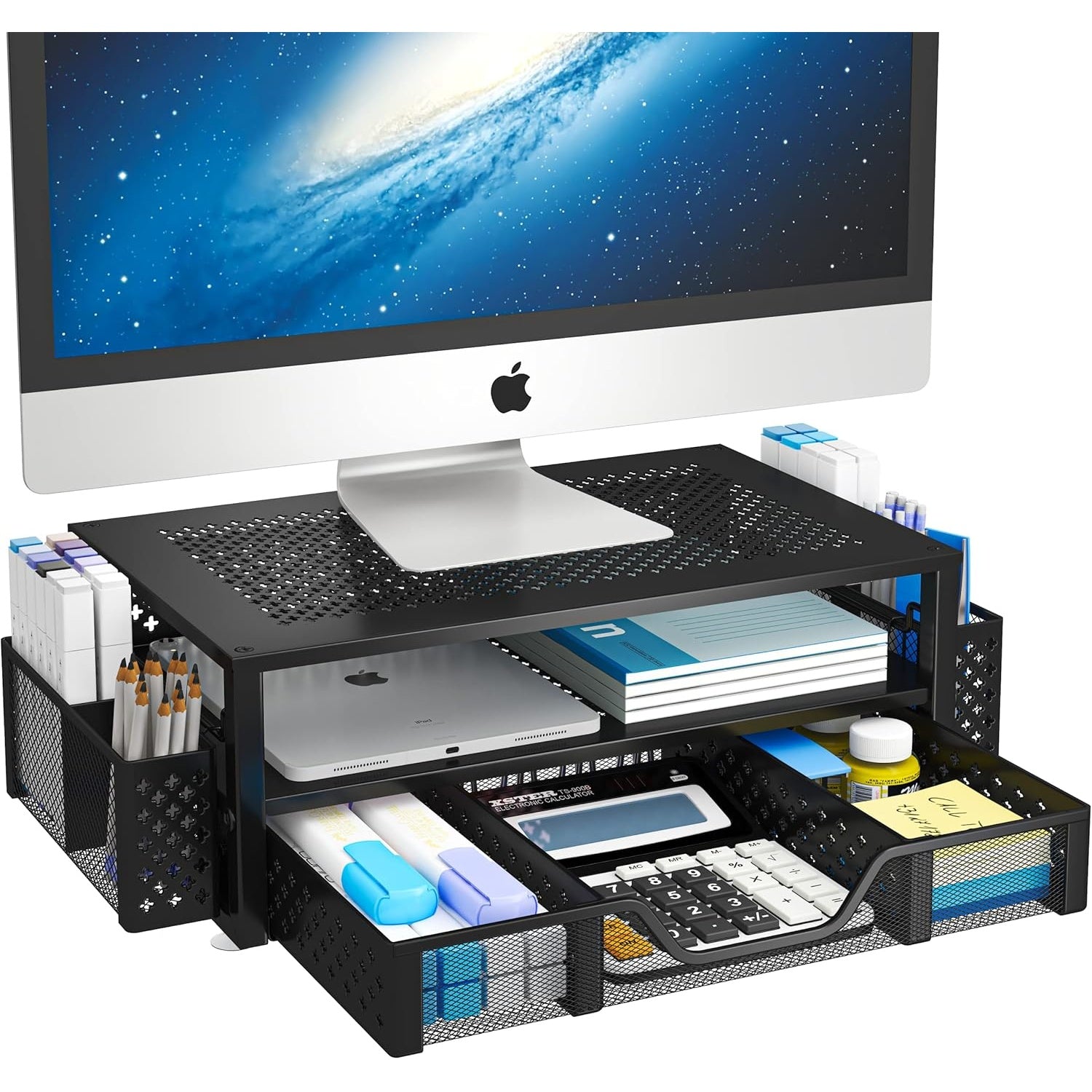2-Tier Monitor Stand — Metal Mesh with Drawer and Pen Holder