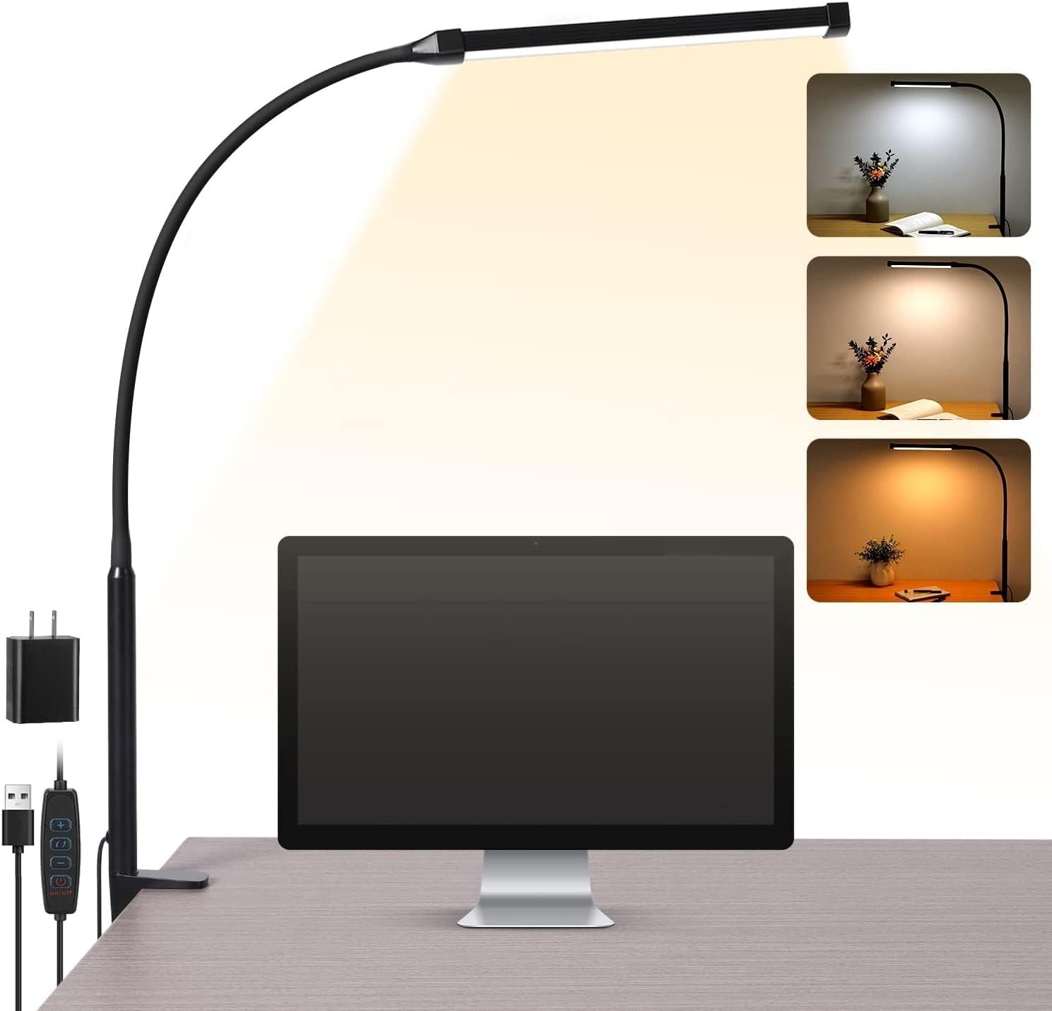 LED Desk Lamp with Clamp — Flexible Gooseneck, 3 Modes